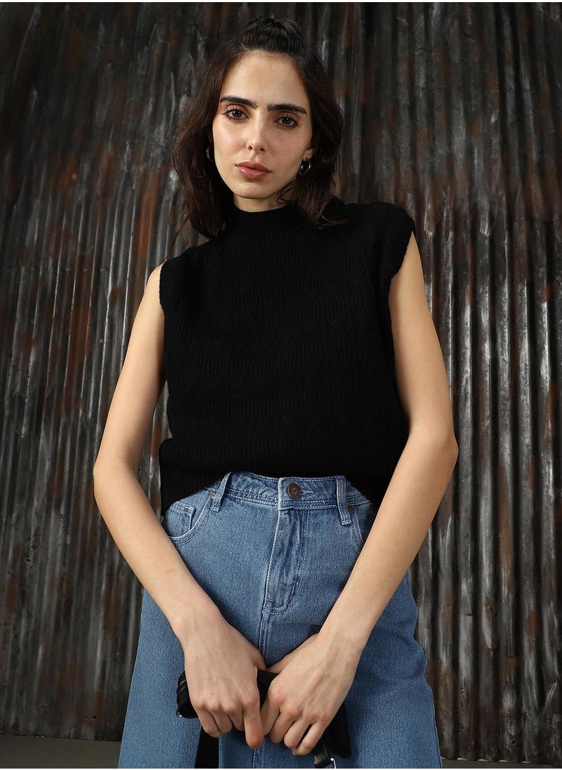 Women's Black 100% Acrylic Solid Sweater