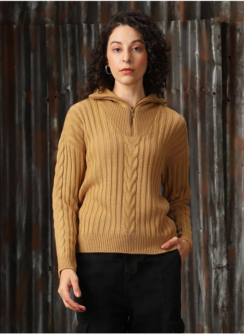 Women's Beige 100% Acrylic Solid Regular Fit Sweater