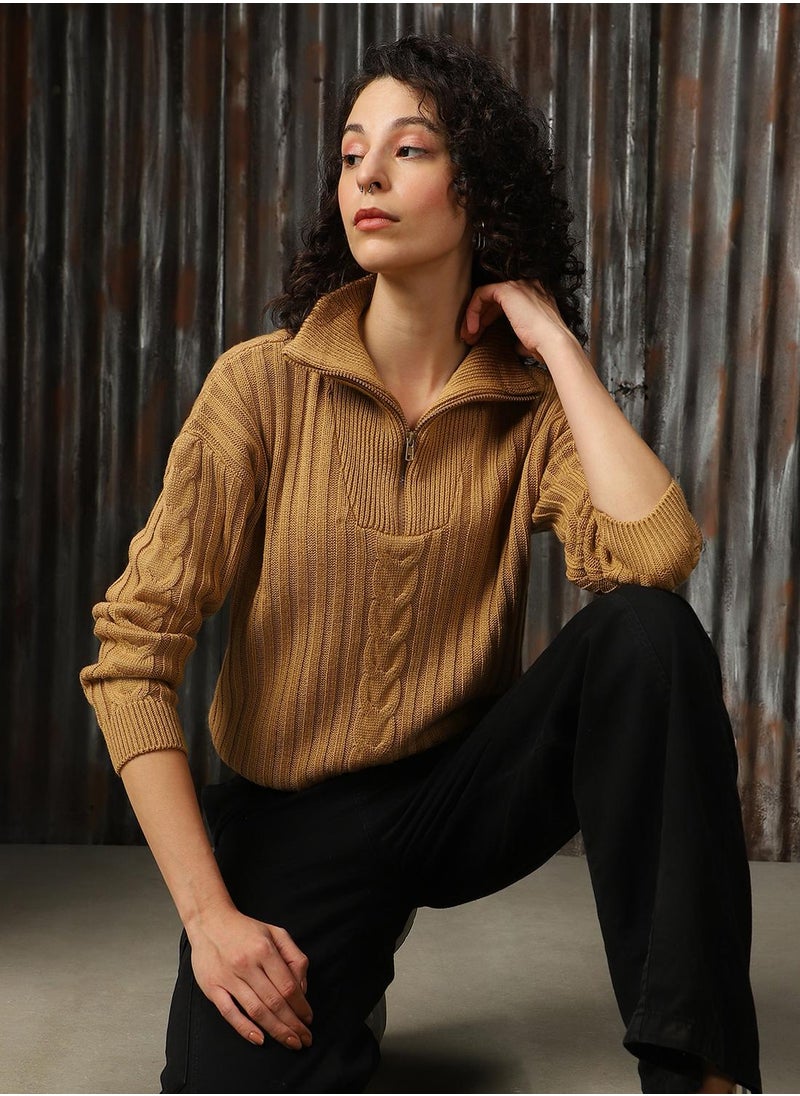 Women's Beige 100% Acrylic Solid Regular Fit Sweater