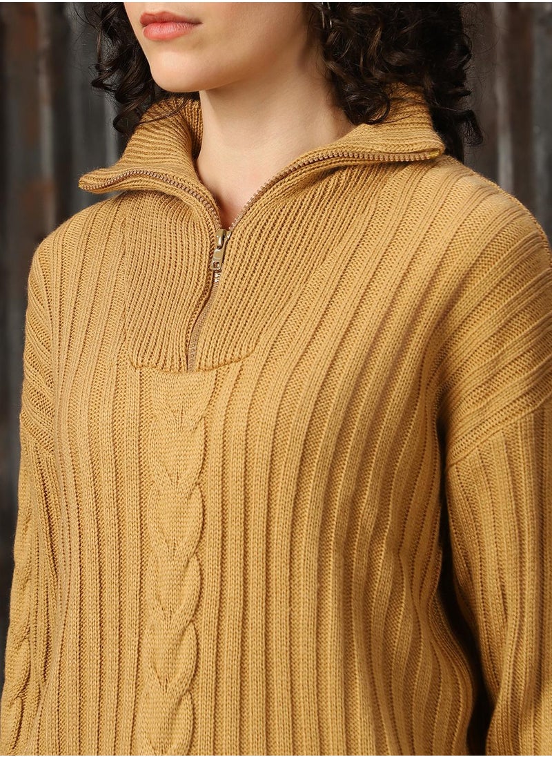Women's Beige 100% Acrylic Solid Regular Fit Sweater