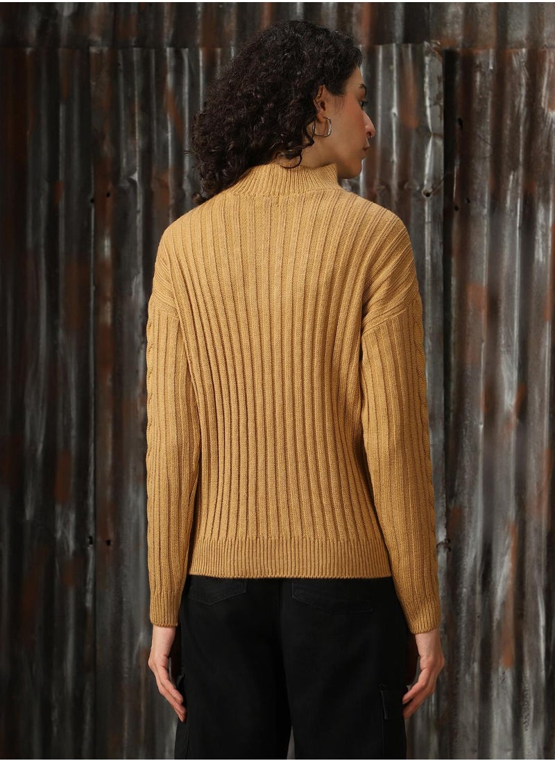 Women's Beige 100% Acrylic Solid Regular Fit Sweater