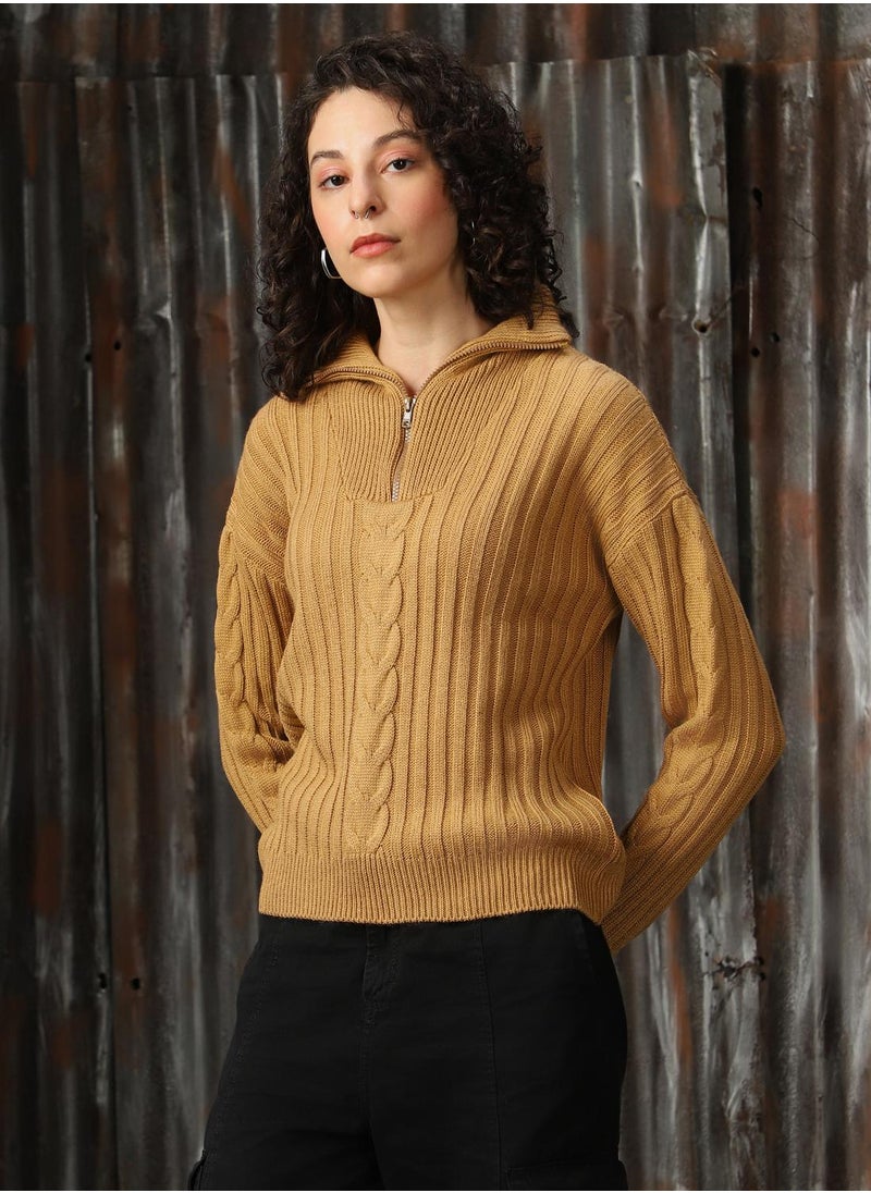 Women's Beige 100% Acrylic Solid Regular Fit Sweater