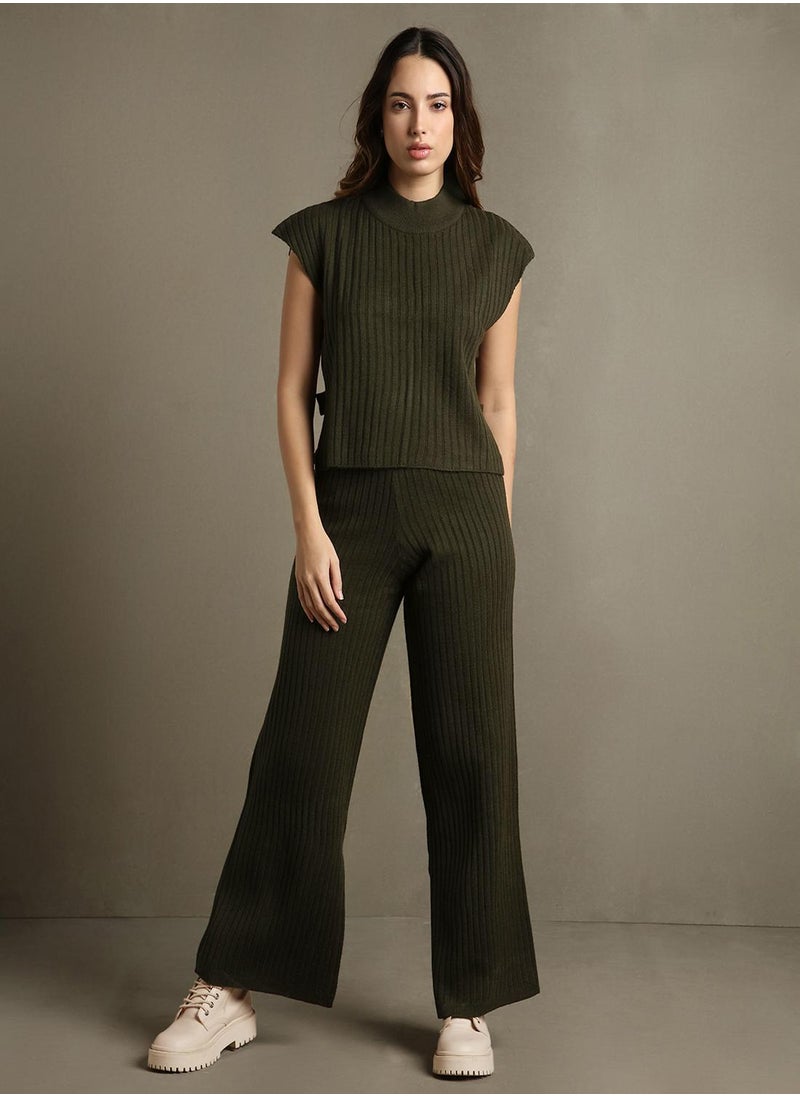 Women's Olive 100% Acrylic Embellished Regular Fit Sweater