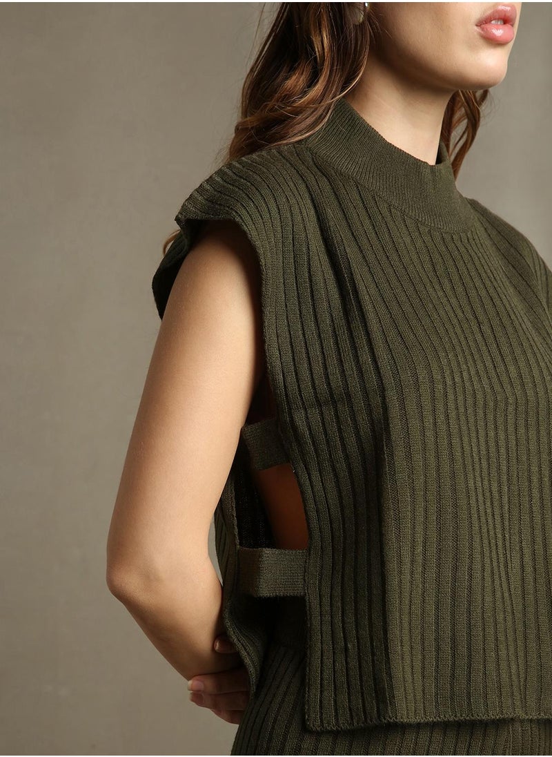 Women's Olive 100% Acrylic Embellished Regular Fit Sweater