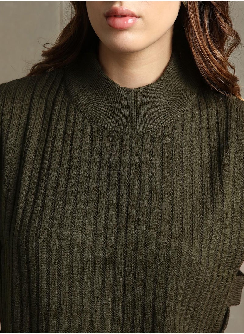 Women's Olive 100% Acrylic Embellished Regular Fit Sweater