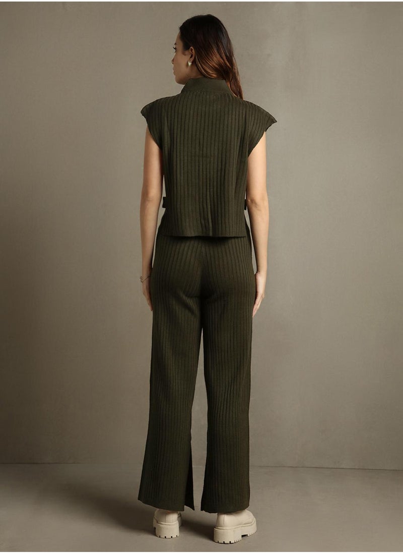 Women's Olive 100% Acrylic Embellished Regular Fit Sweater
