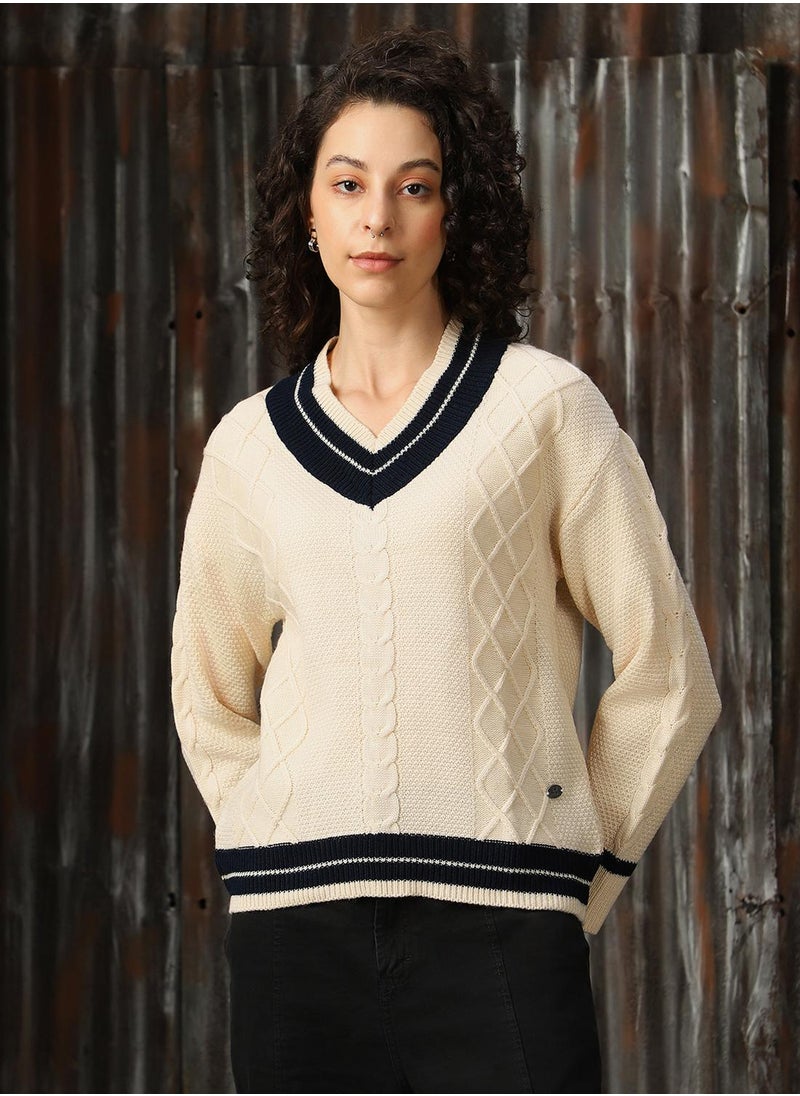 Women's Marshmellow With Navy And White 100% Acrylic Solid Regular Fit Sweater
