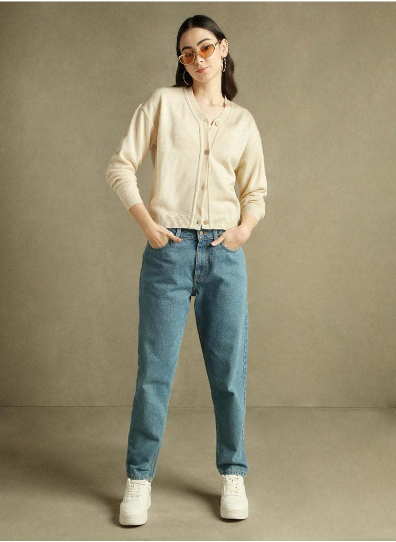 Women's Off White 100% Acrylic Solid Regular Fit Sweater