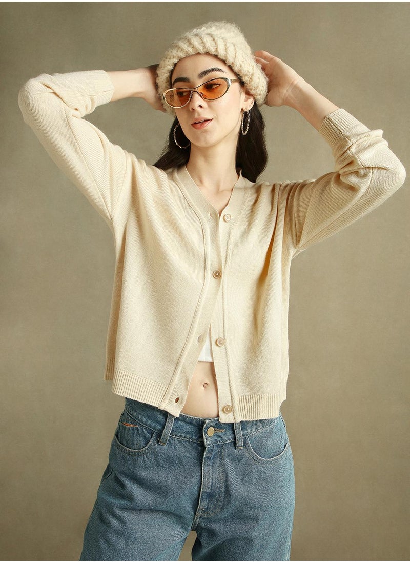 Women's Off White 100% Acrylic Solid Regular Fit Sweater