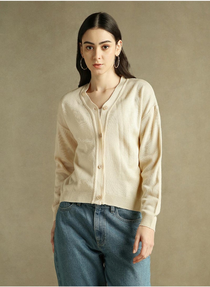 Women's Off White 100% Acrylic Solid Regular Fit Sweater