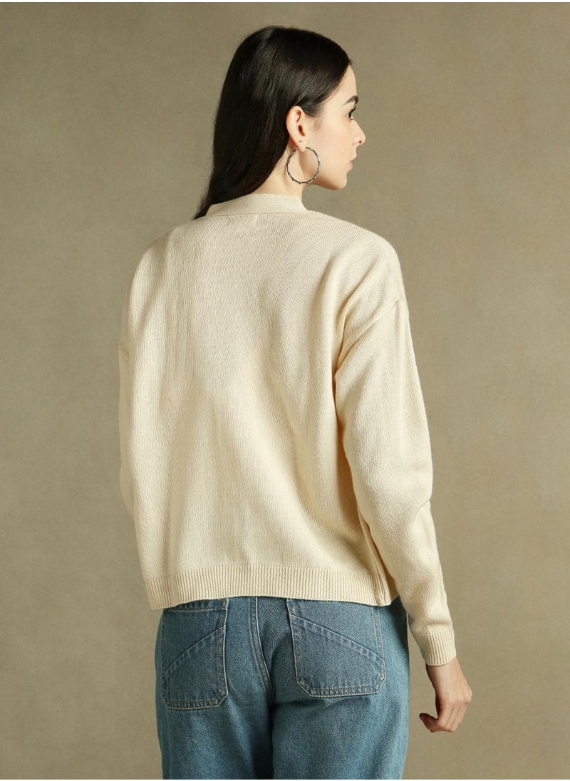 Women's Off White 100% Acrylic Solid Regular Fit Sweater