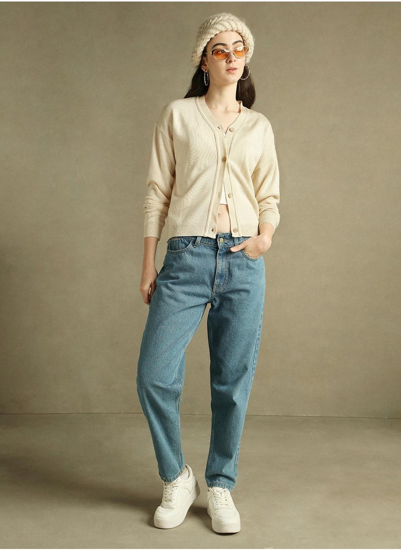 Women's Off White 100% Acrylic Solid Regular Fit Sweater