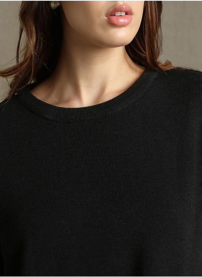 Women's Black 100% Acrylic Solid Regular Fit Sweater