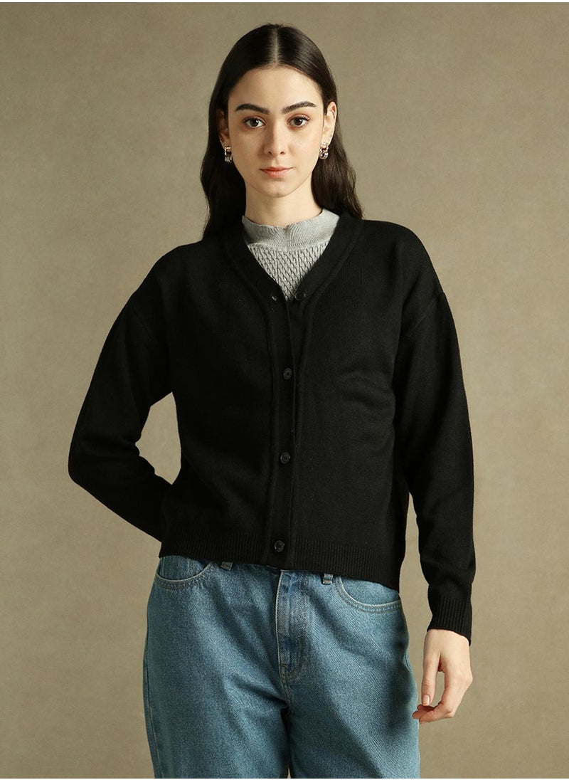 Women's Black 100% Acrylic Solid Regular Fit Sweater