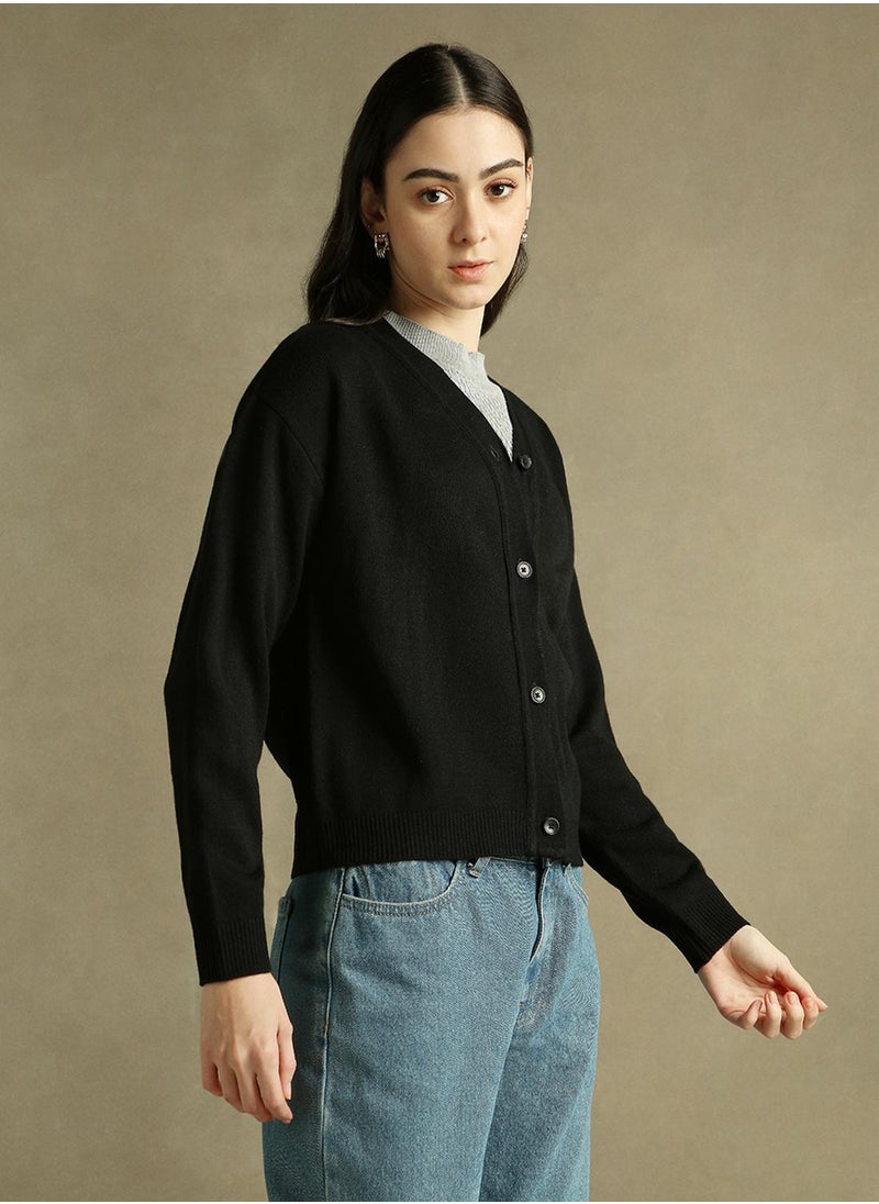 Women's Black 100% Acrylic Solid Regular Fit Sweater