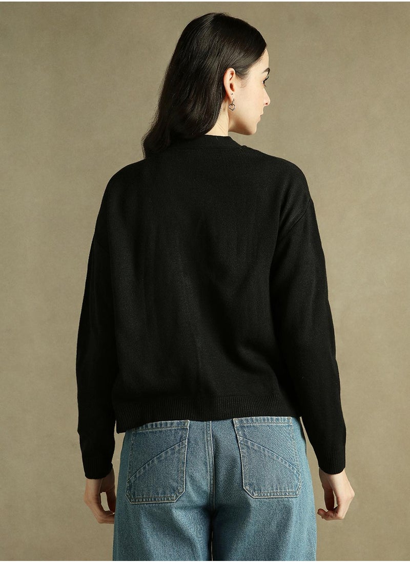 Women's Black 100% Acrylic Solid Regular Fit Sweater