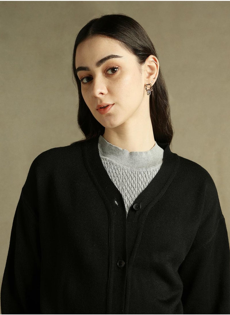 Women's Black 100% Acrylic Solid Regular Fit Sweater