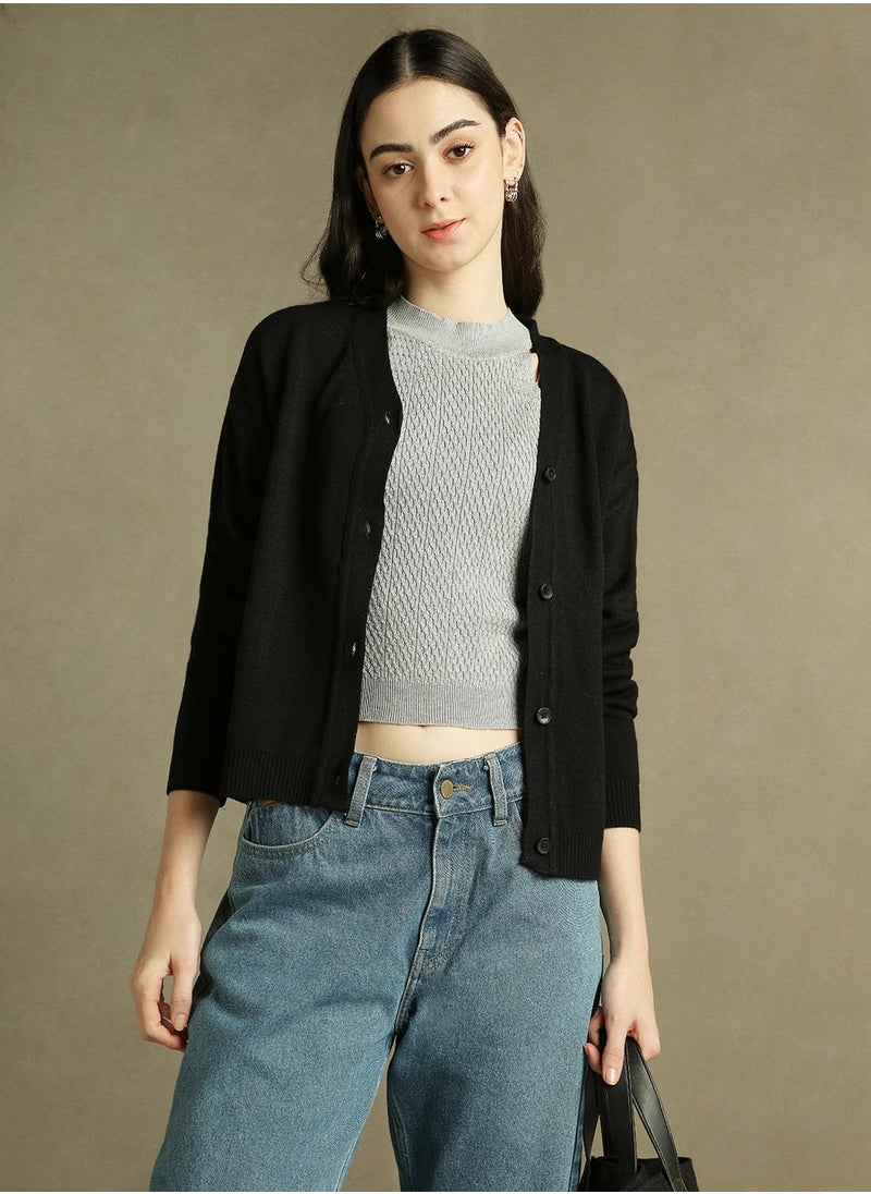 Women's Black 100% Acrylic Solid Regular Fit Sweater