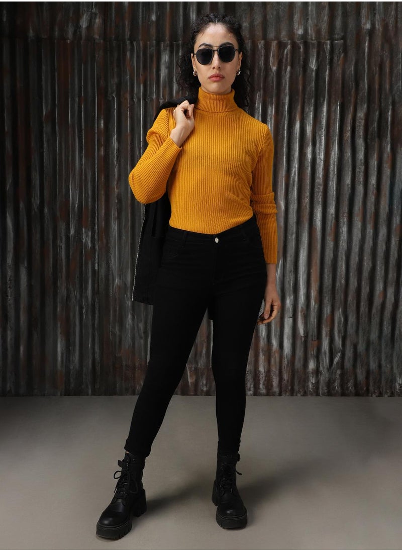 Women's Golden Yellow 100% Acrylic Solid Sweater