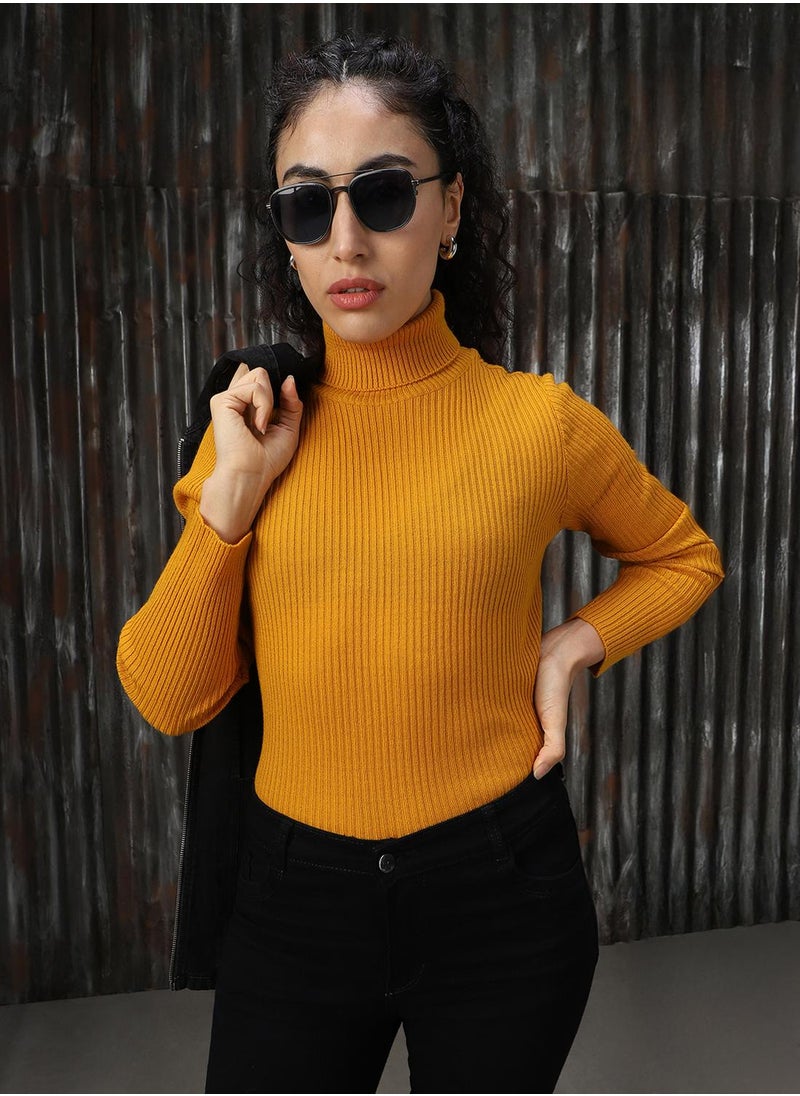 Women's Golden Yellow 100% Acrylic Solid Sweater