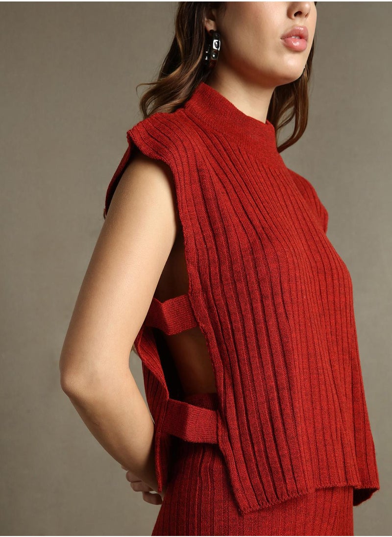 Women's Rust 100% Acrylic Embellished Regular Fit Sweater