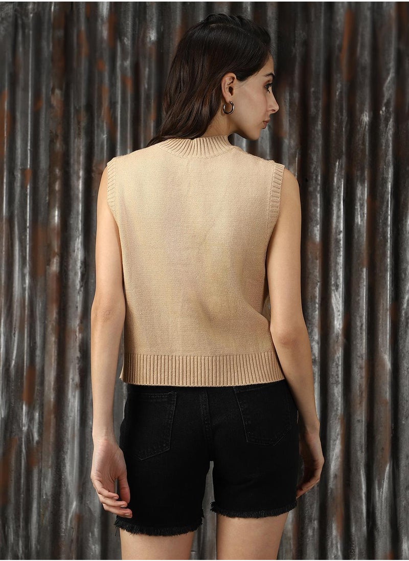 Women's Beige 100% Acrylic Solid Sweater