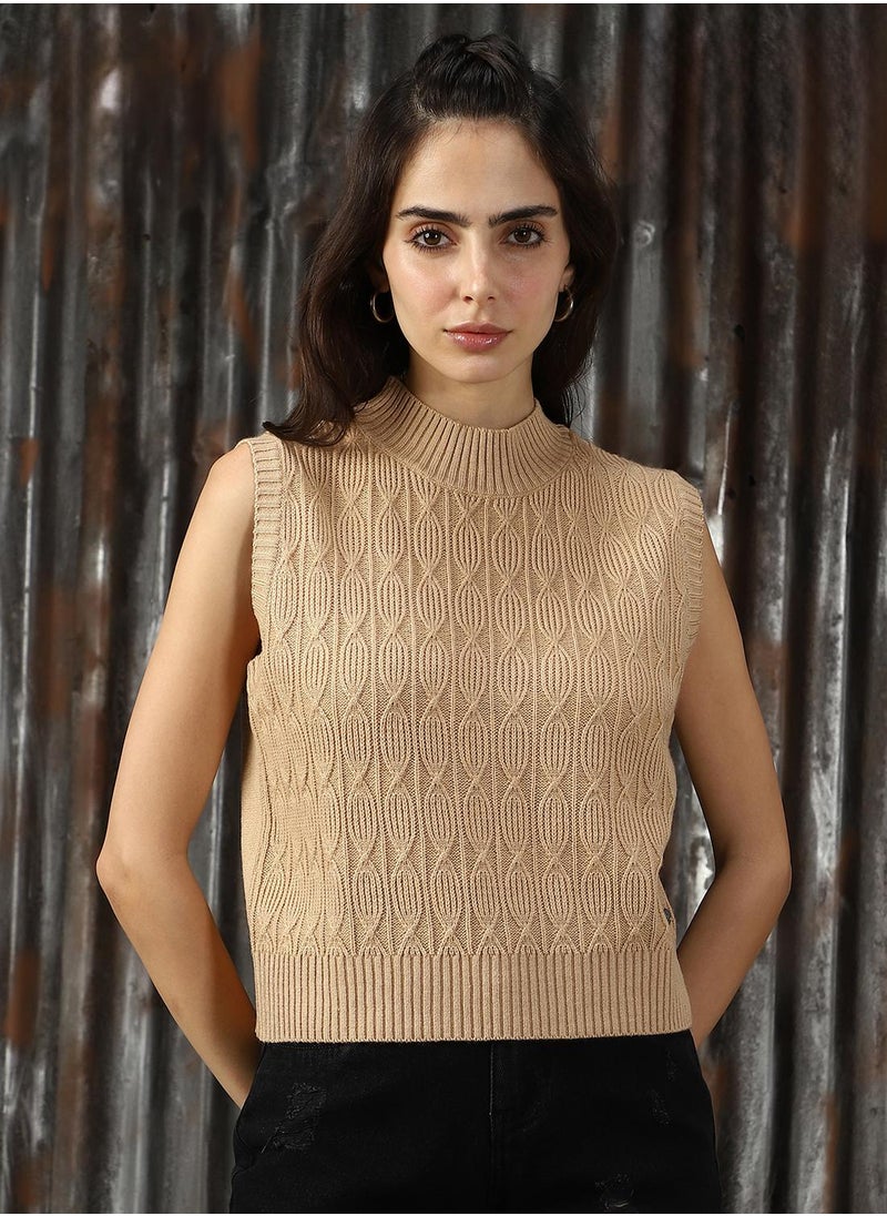 Women's Beige 100% Acrylic Solid Sweater
