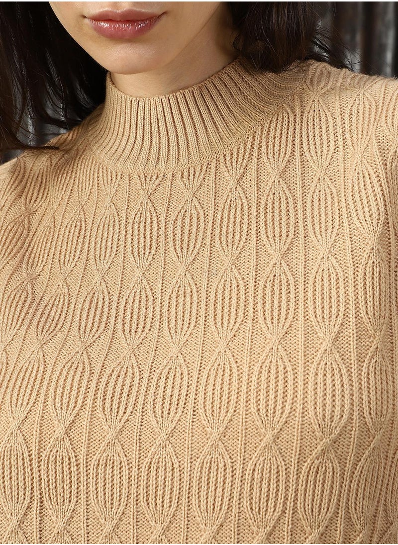 Women's Beige 100% Acrylic Solid Sweater