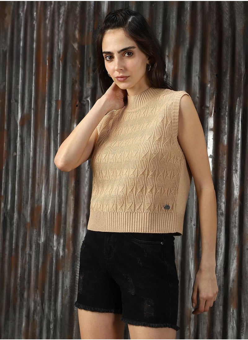 Women's Beige 100% Acrylic Solid Sweater