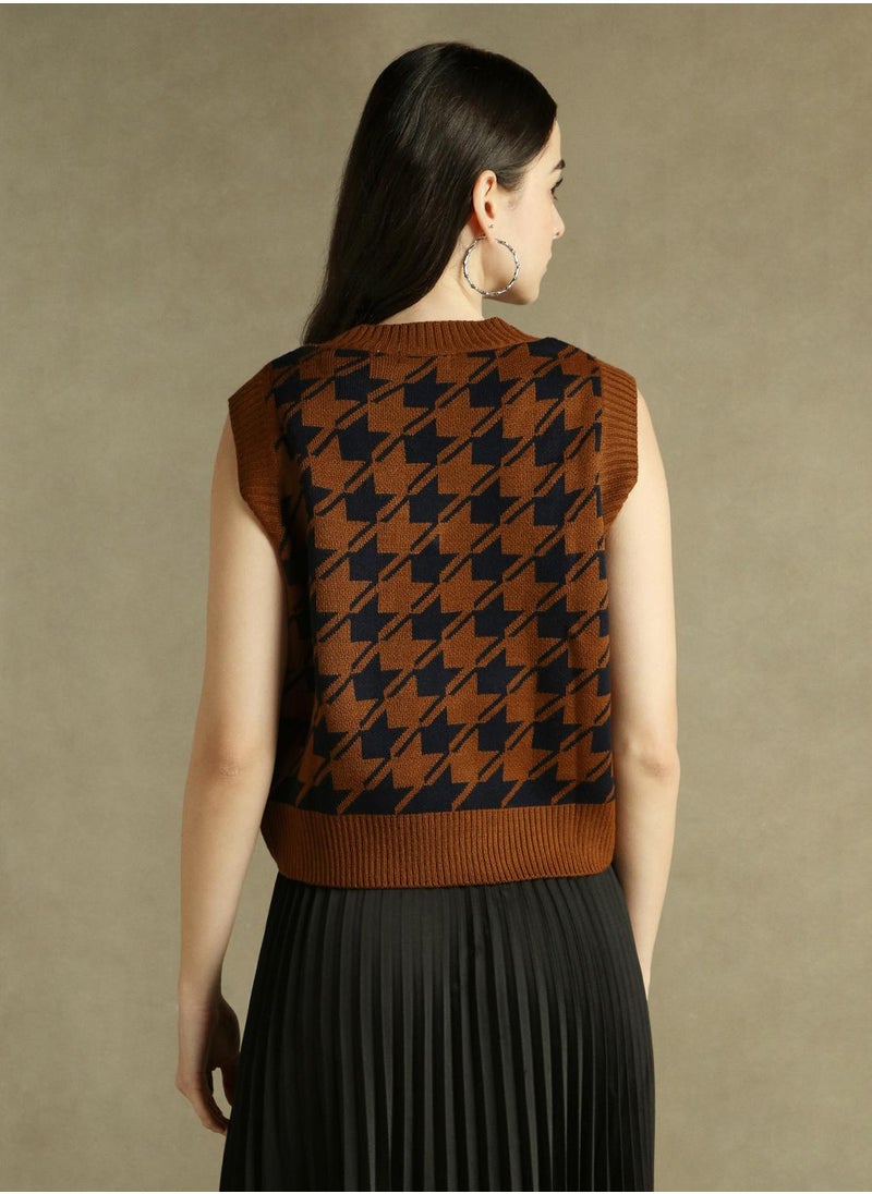 Women's Brown 100% Acrylic Textured Regular Fit Sweater