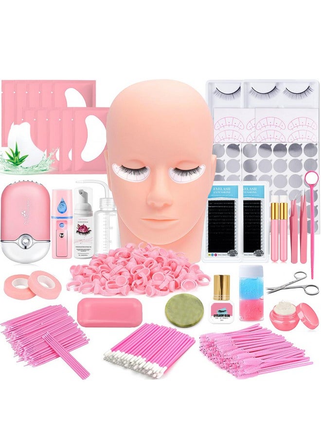 Lash Extension Kit Professional Eyelash Extensions Supplies Training For Beginners Mannequin Head Grafting Lash Usb Fan Lash Shampoo Brush Spraye 0.07D Curl Mix 8-15Mm Practice Eyelash Strips