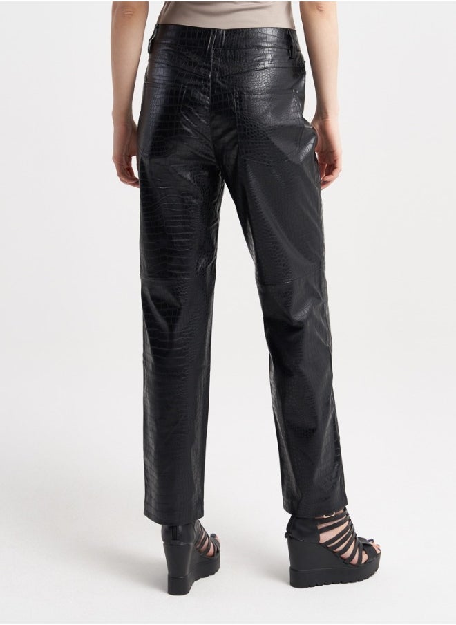 High-Gloss Black Faux Leather Crocodile Print Pants