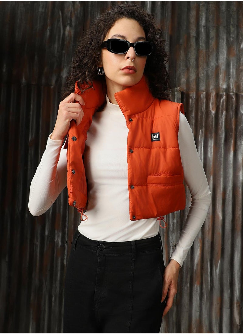 Women's Orange 100% Polyester Printed Regular Fit Jacket