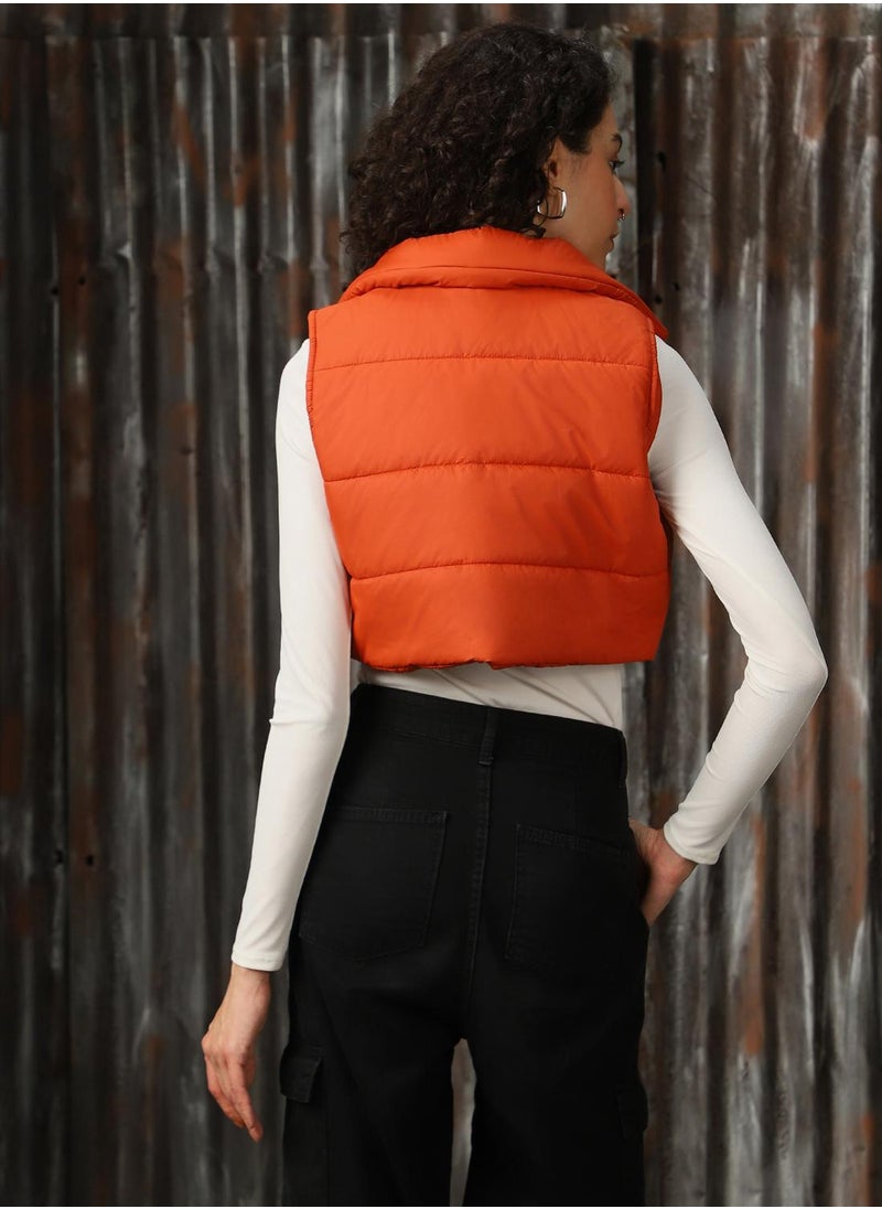 Women's Orange 100% Polyester Printed Regular Fit Jacket