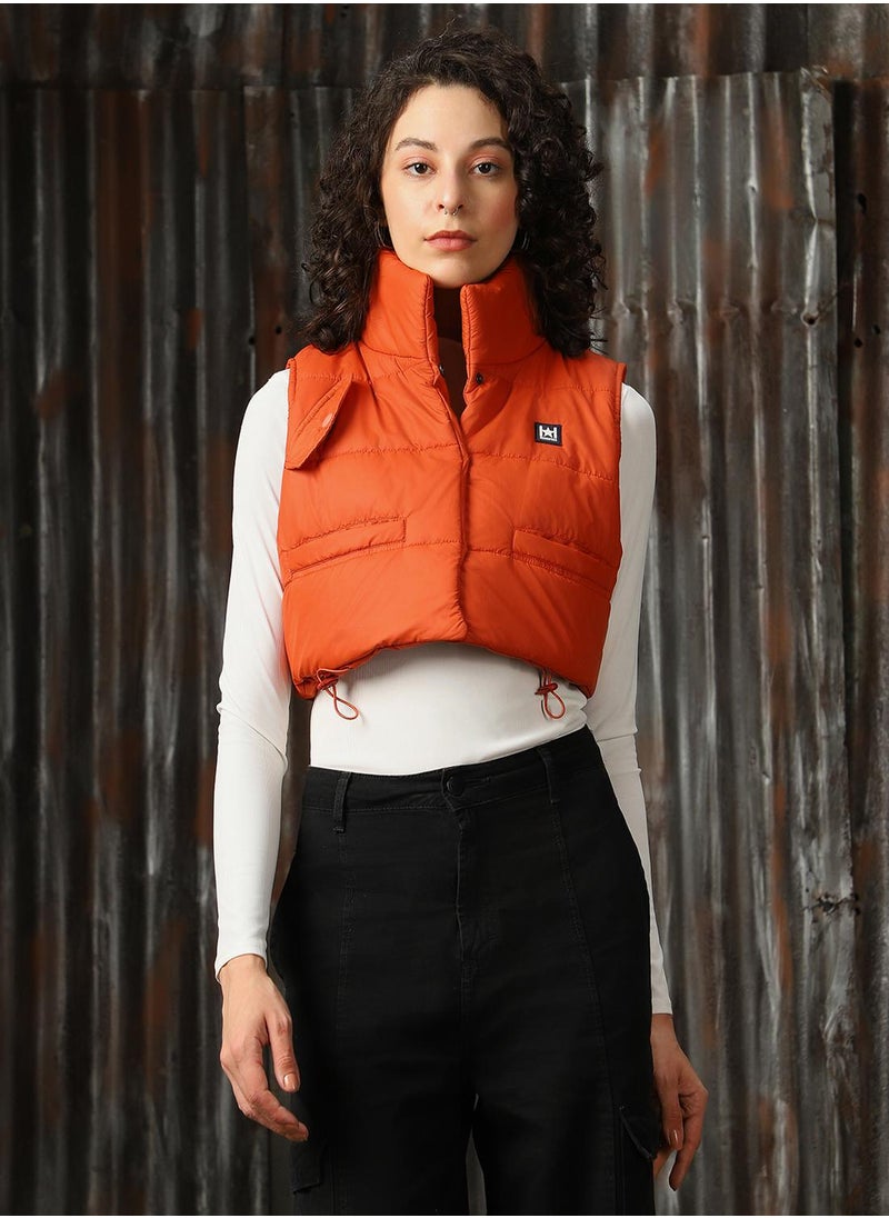 Women's Orange 100% Polyester Printed Regular Fit Jacket