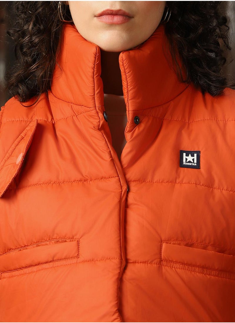 Women's Orange 100% Polyester Printed Regular Fit Jacket