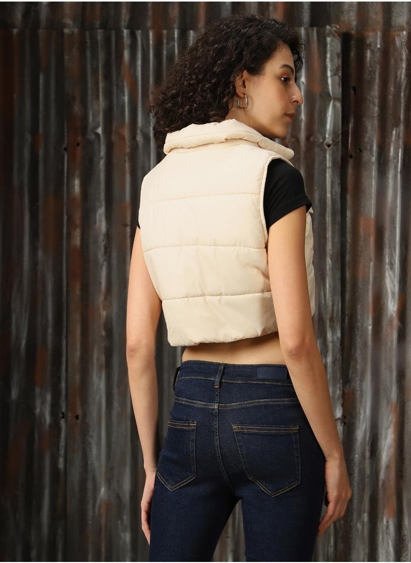 Women's Beige 100% Polyester Printed Regular Fit Jacket