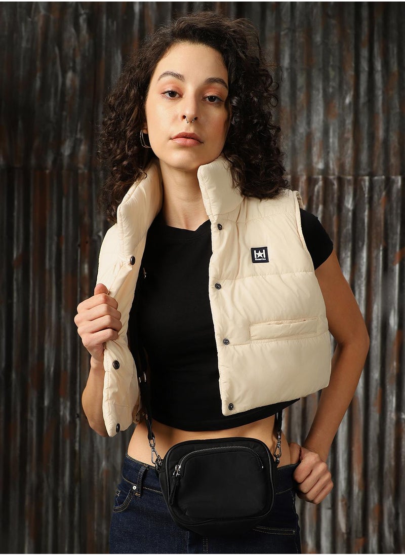 Women's Beige 100% Polyester Printed Regular Fit Jacket