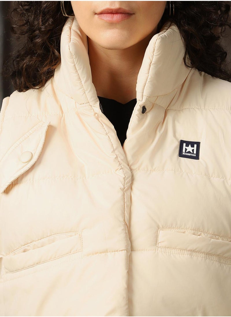 Women's Beige 100% Polyester Printed Regular Fit Jacket