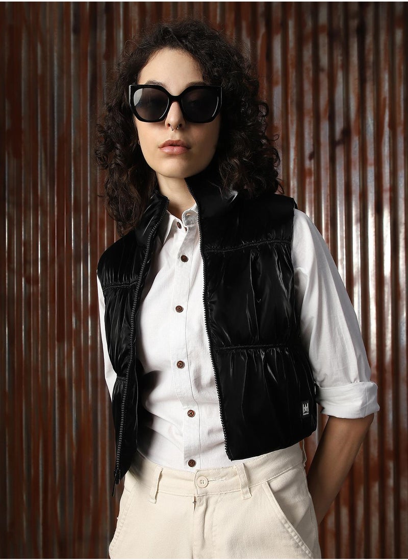 Women's Black 100% Polyester Solid Jacket