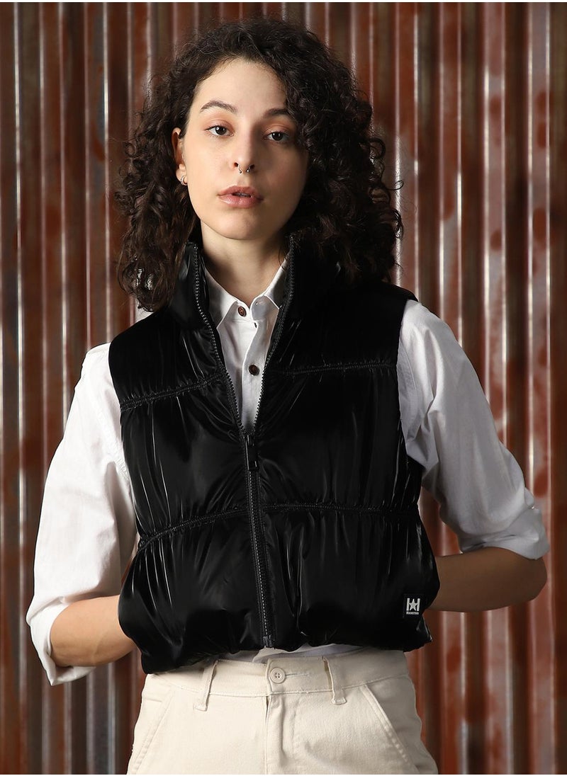 Women's Black 100% Polyester Solid Jacket