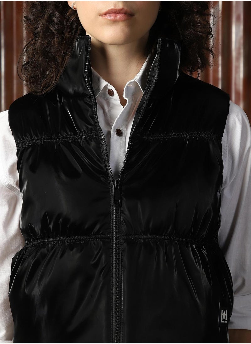 Women's Black 100% Polyester Solid Jacket