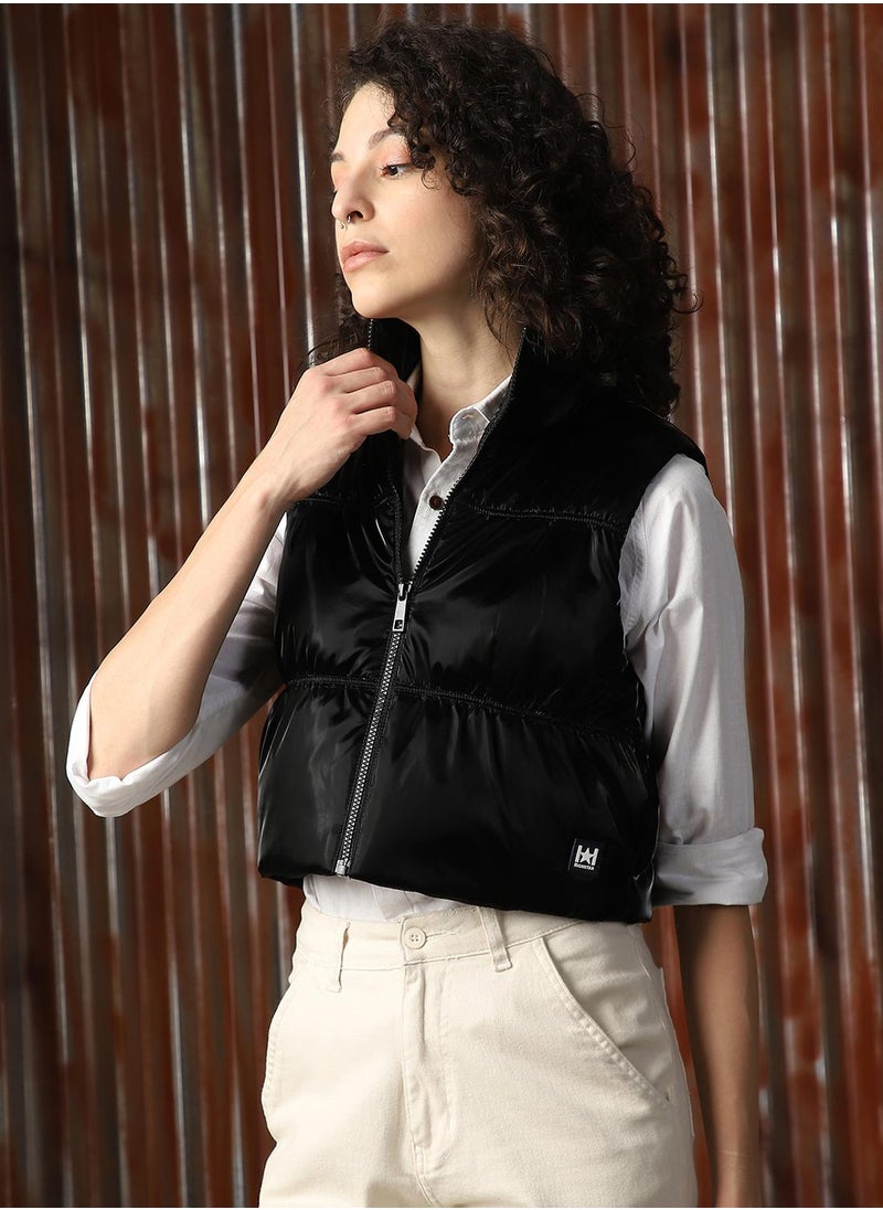 Women's Black 100% Polyester Solid Jacket