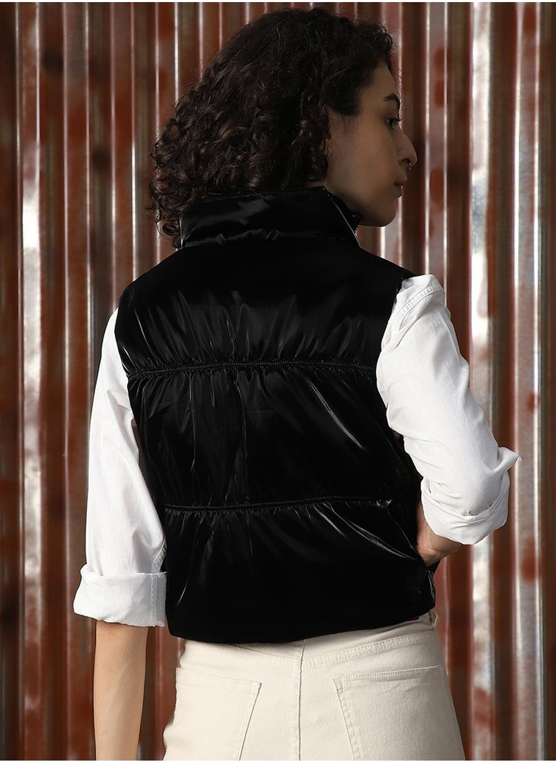 Women's Black 100% Polyester Solid Jacket