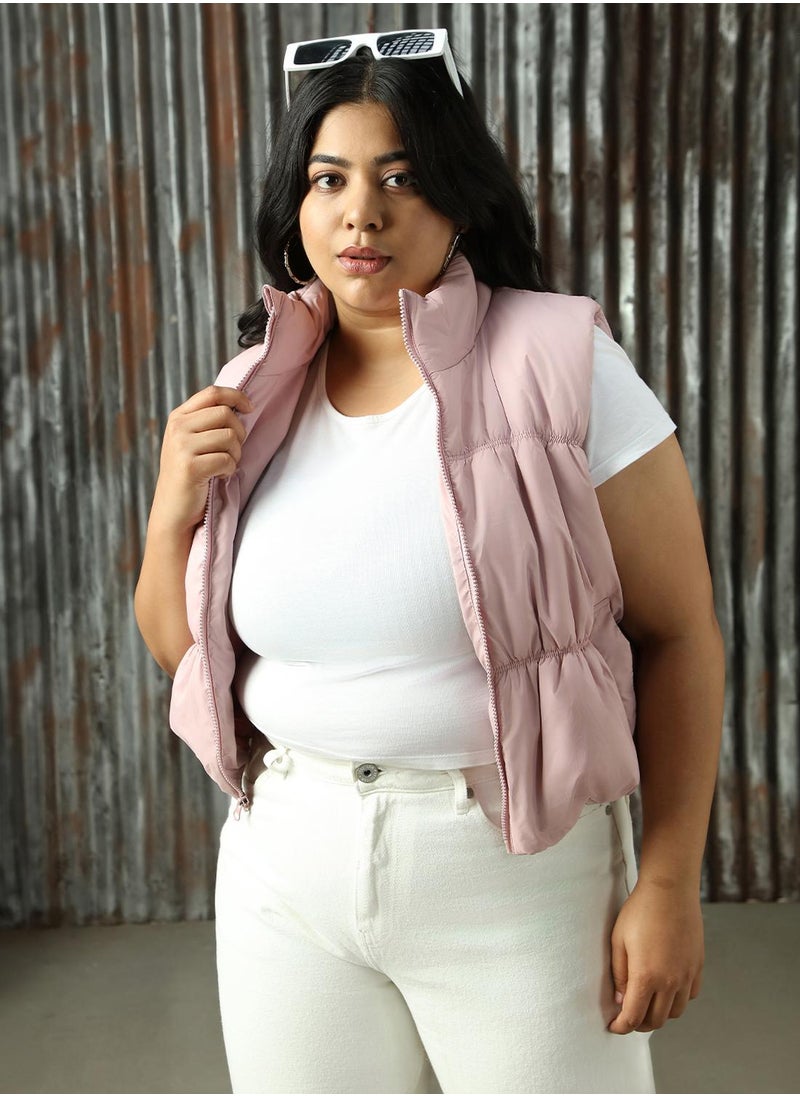 Women's Light Pink 100% Polyester Solid Jacket