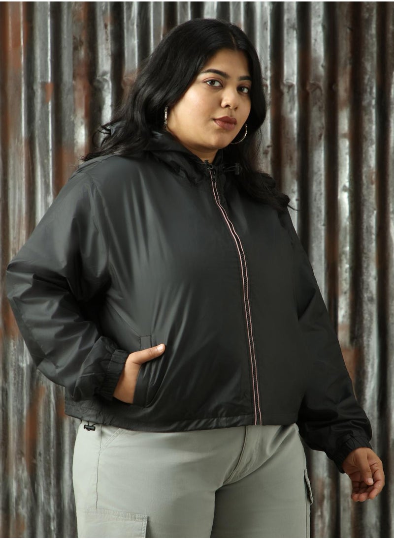Women's Black 100% Polyester Solid Jacket