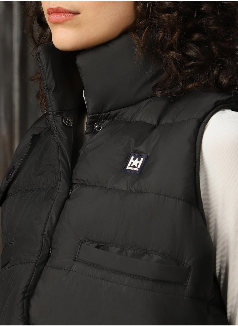 Women's Black 100% Polyester Printed Regular Fit Jacket