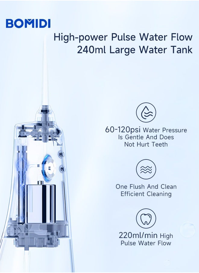 Water Flosser for Cleaning Teeth 360° Rotation 6 Nozzles 240ml Water Tank IPX7 Type-C 3H Charging Time DE02 - White/Gold