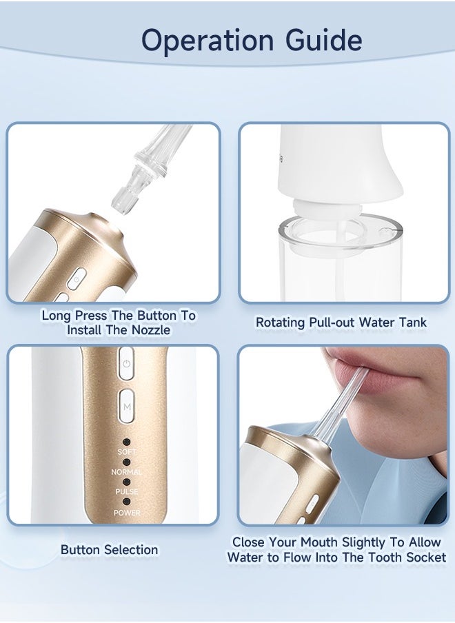 Water Flosser for Cleaning Teeth 360° Rotation 6 Nozzles 240ml Water Tank IPX7 Type-C 3H Charging Time DE02 - White/Gold