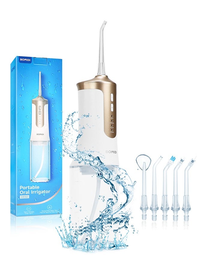 Water Flosser for Cleaning Teeth 360° Rotation 6 Nozzles 240ml Water Tank IPX7 Type-C 3H Charging Time DE02 - White/Gold